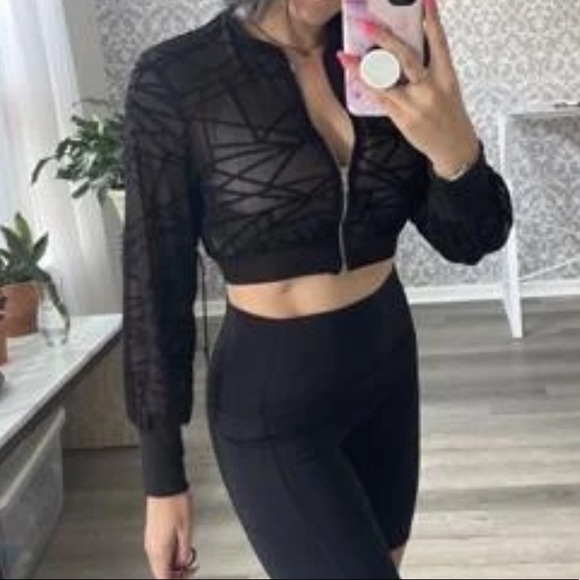 Black Mesh Cropped Zip Up Jacket - Picture 6 of 7